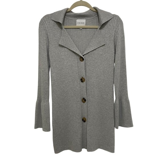 Pink Rose Womens Small Ribbed Button-Up Cardigan Flared Sleeves In Heather Gray - Picture 1 of 7